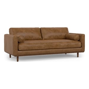 morrison mid-century modern 89 inch wide sofa in caramel brown genuine leather