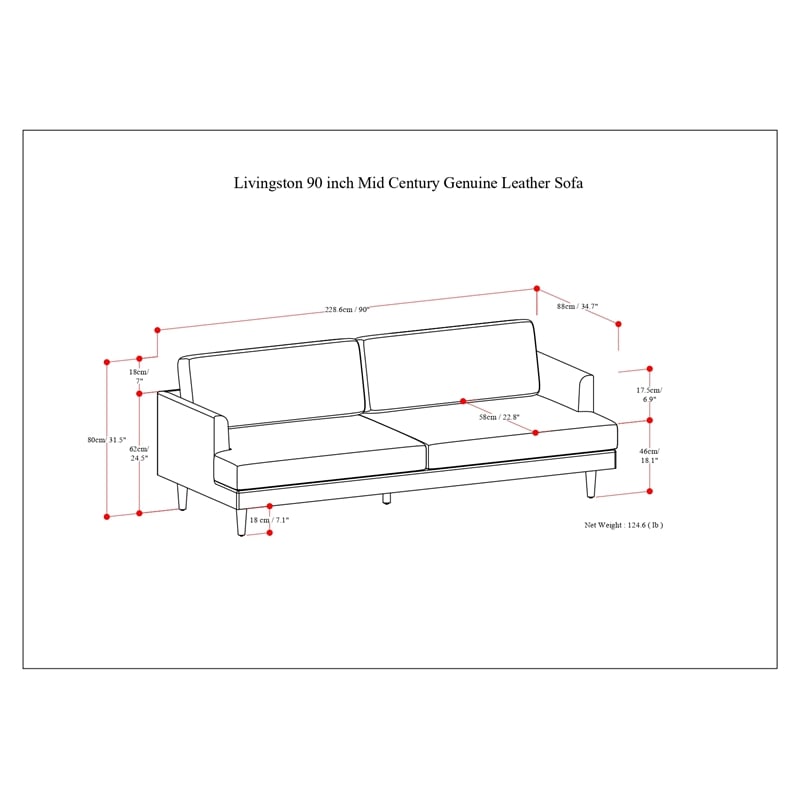 Livingston 90 inch Wide Modern Sofa in Caramel Brown Top Grain Genuine Leather