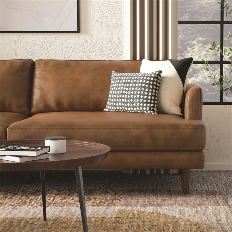 Livingston 90 inch Wide Modern Sofa in Caramel Brown Top Grain Genuine Leather