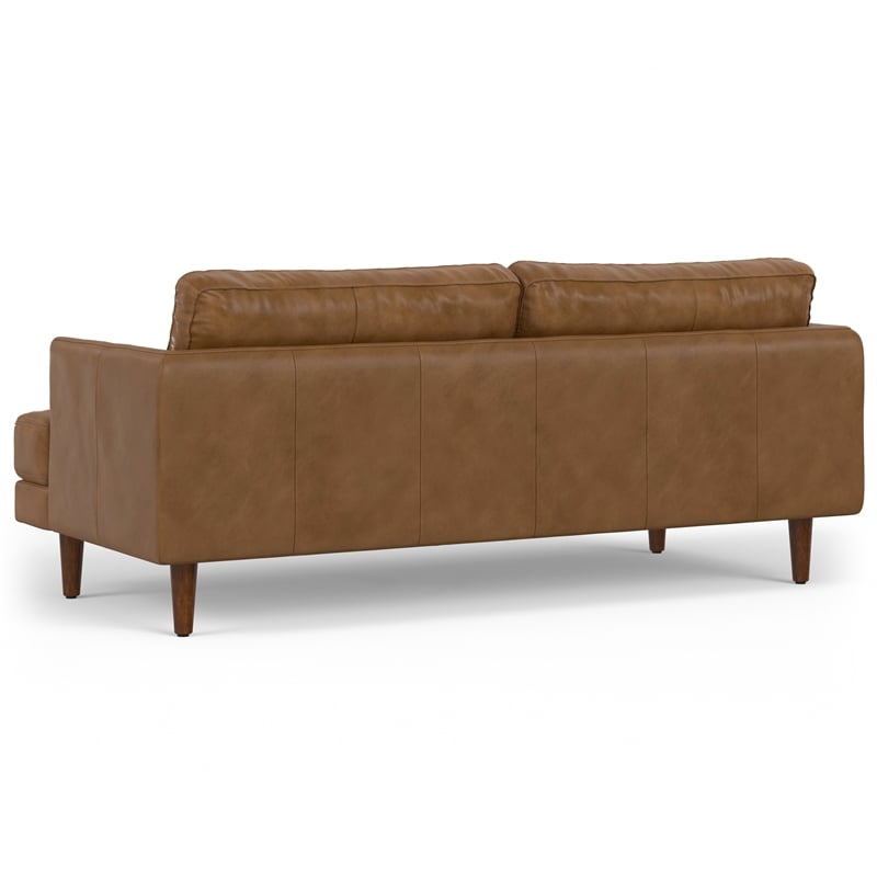 Livingston Mid-Century Modern 76inch Wide Sofa in Caramel Brown Genuine Leather