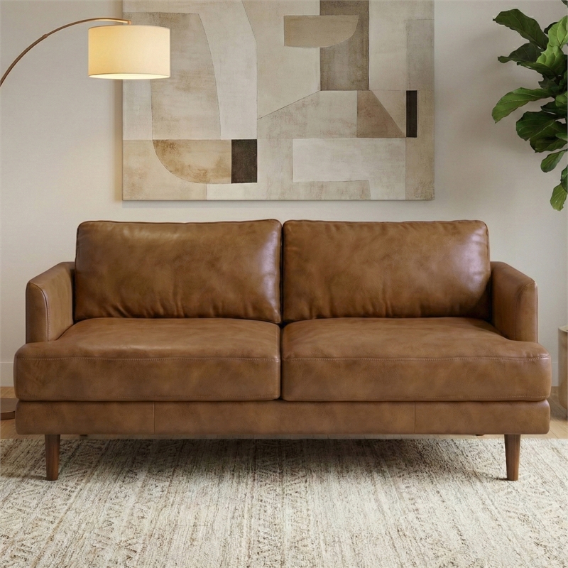 Livingston Mid-Century Modern 76inch Wide Sofa in Caramel Brown Genuine Leather