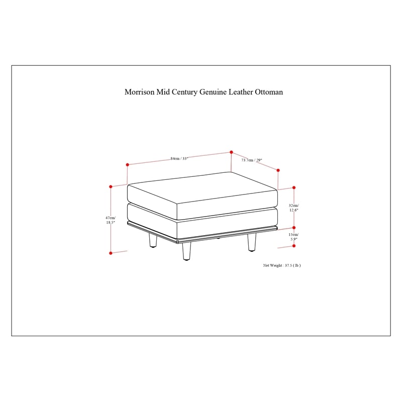 Morrison 33 inchWide Modern Genuine Leather Ottoman in Sienna Genuine Leather