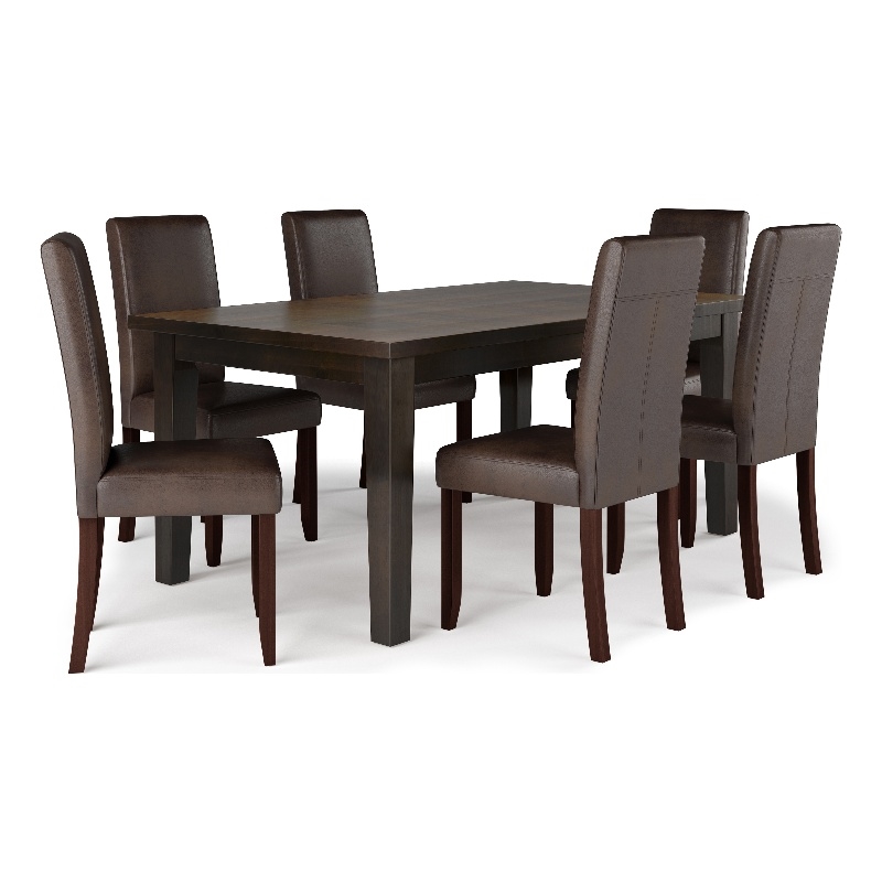 Simpli Home Acadian 7-Piece Faux Leather & Wood Dining Set in Brown