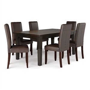 Simpli Home Acadian 7-Piece Faux Leather & Wood Dining Set in Brown