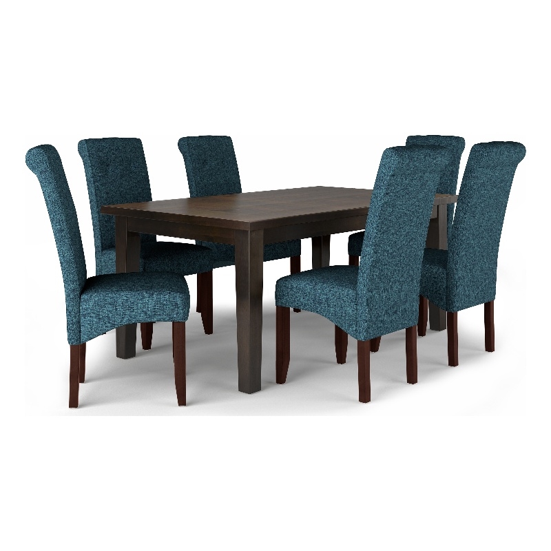 Simpli Home Cosmopolitan 7-Piece Wood & Fabric Dining Set in Denim Blue