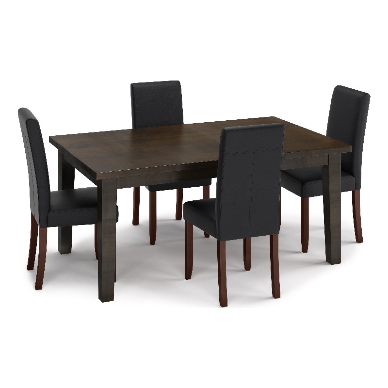 Simpli Home Acadian 5-Piece Dining Set in Black/Brown Wood & Faux Leather