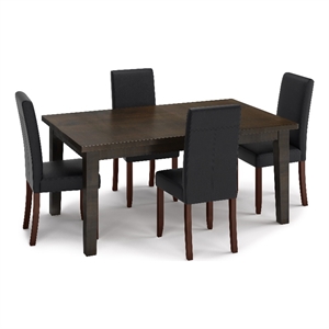 Simpli Home Acadian 5-Piece Dining Set in Black/Brown Wood & Faux Leather