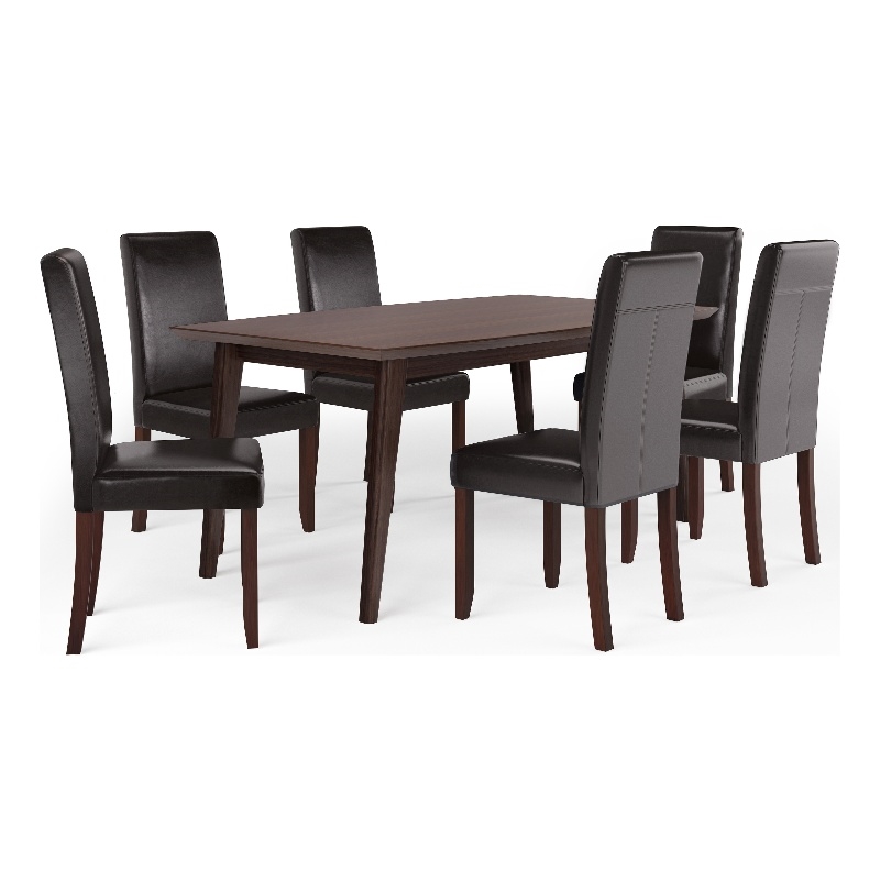 Simpli Home Acadian/Draper 7-Piece Faux Leather & Wood Dining Set in Brown