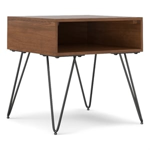 Simpli Home Hunter Square Wood End Table with Hairpin Legs in Walnut Brown