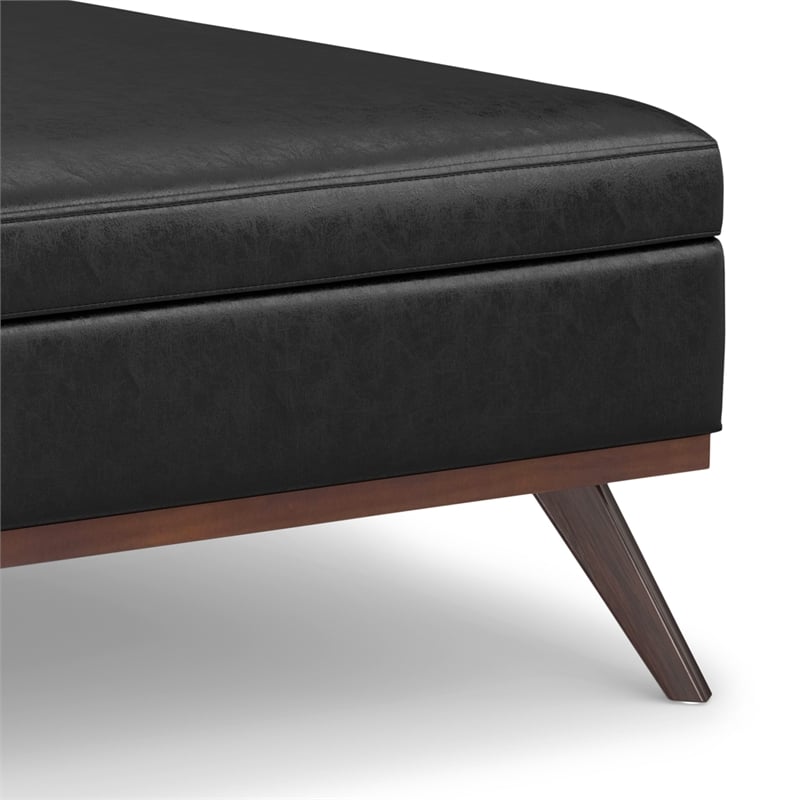 Simpli Home Owen Square Vegan Faux Leather Storage Ottoman in Black