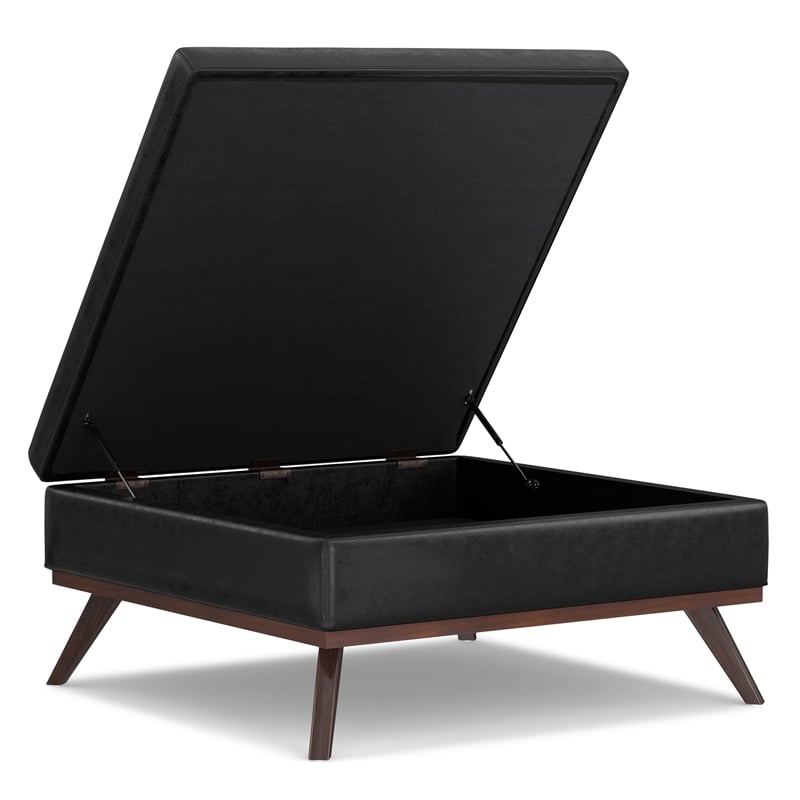 Simpli Home Owen Square Vegan Faux Leather Storage Ottoman in Black