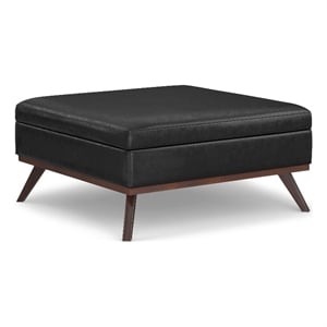Simpli Home Owen Square Vegan Faux Leather Storage Ottoman in Black