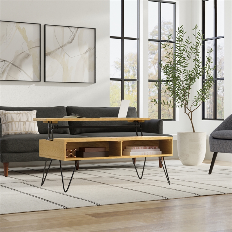 Simpli Home Hunter Rectangle Wood Coffee Table with Lift Top in Oak Brown