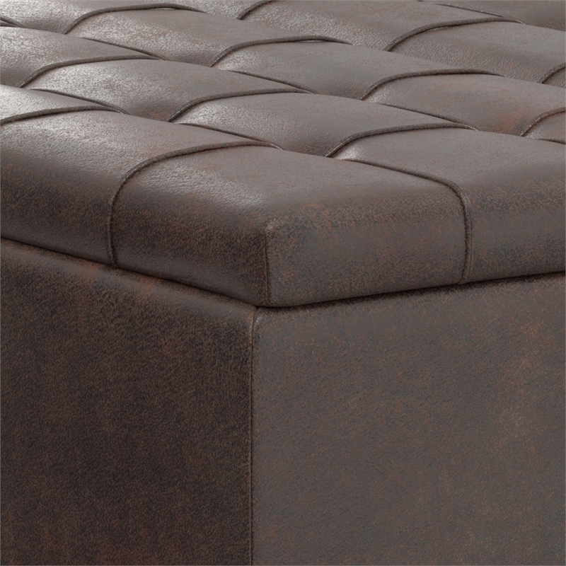 Simpli Home Harrison Square Transitional Faux Leather Storage Ottoman in Brown