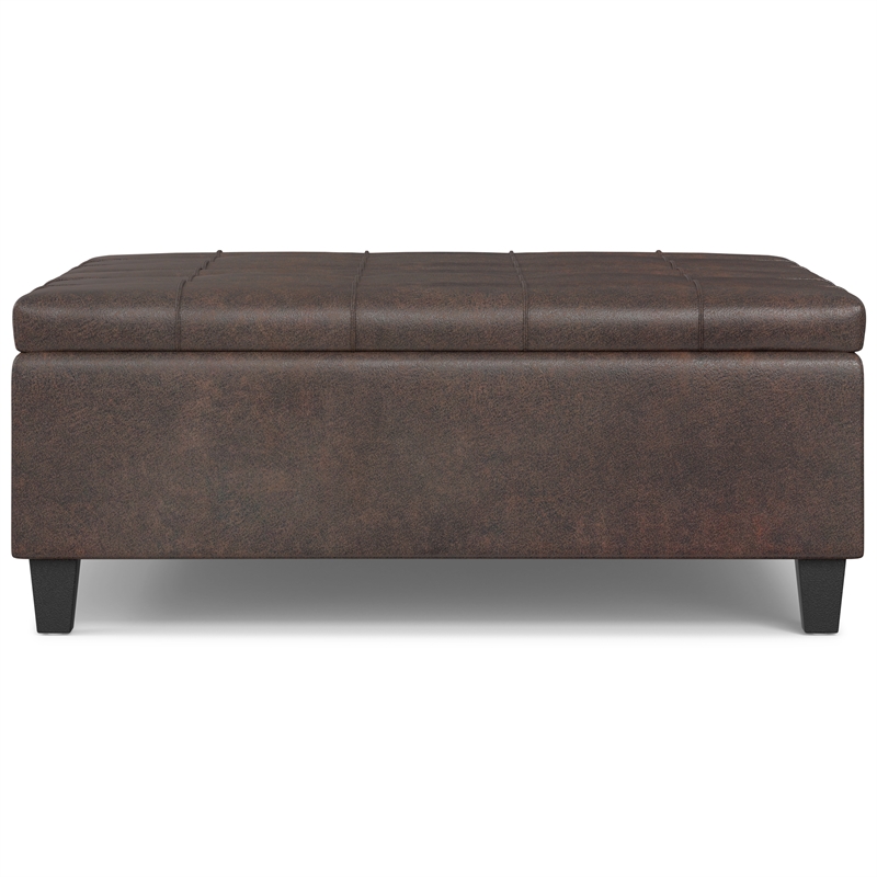 Simpli Home Harrison Square Transitional Faux Leather Storage Ottoman in Brown