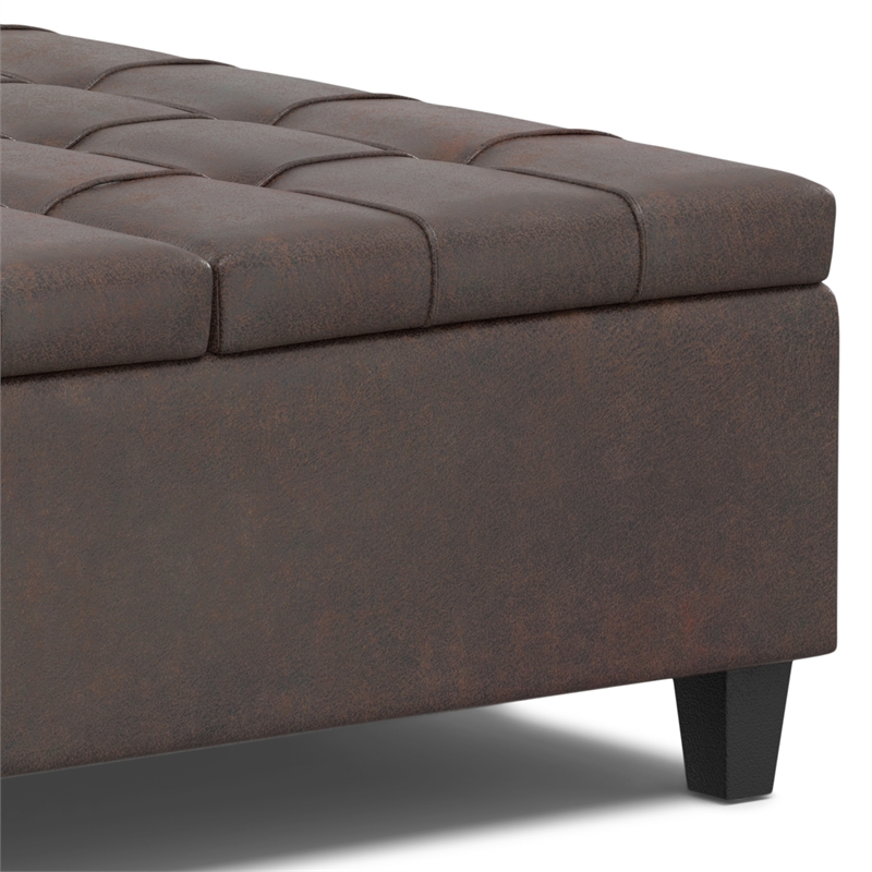 Simpli Home Harrison Square Transitional Faux Leather Storage Ottoman in Brown