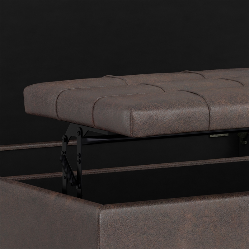 Simpli Home Harrison Square Transitional Faux Leather Storage Ottoman in Brown