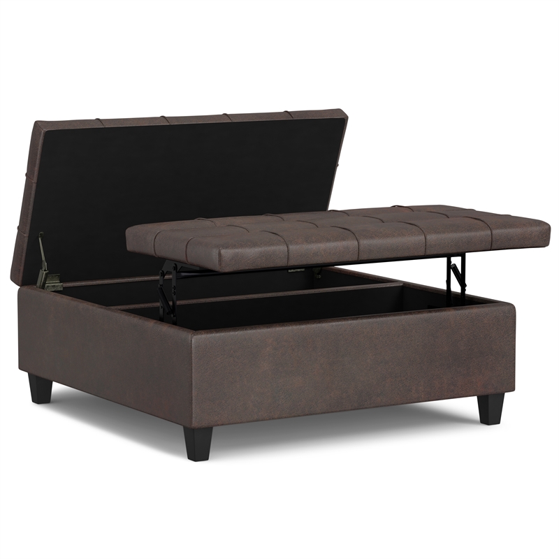 Simpli Home Harrison Square Transitional Faux Leather Storage Ottoman in Brown