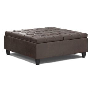 Simpli Home Harrison Square Transitional Faux Leather Storage Ottoman in Brown