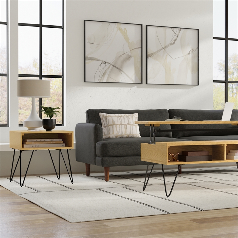 Simpli Home Hunter Square Wood End Table with Hairpin Legs in Oak Brown