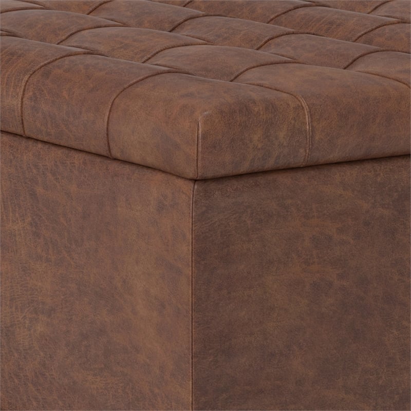 Simpli Home Harrison Vegan Faux Leather Storage Ottoman in Saddle Brown