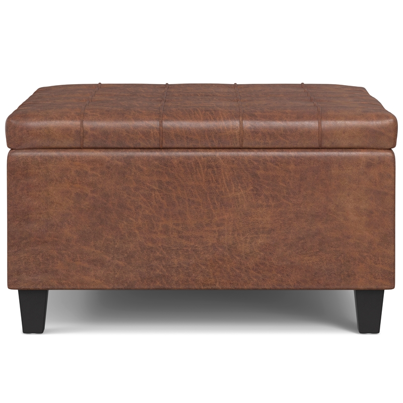 Simpli Home Harrison Vegan Faux Leather Storage Ottoman in Saddle Brown