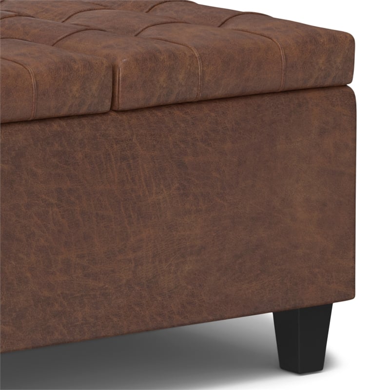 Simpli Home Harrison Vegan Faux Leather Storage Ottoman in Saddle Brown