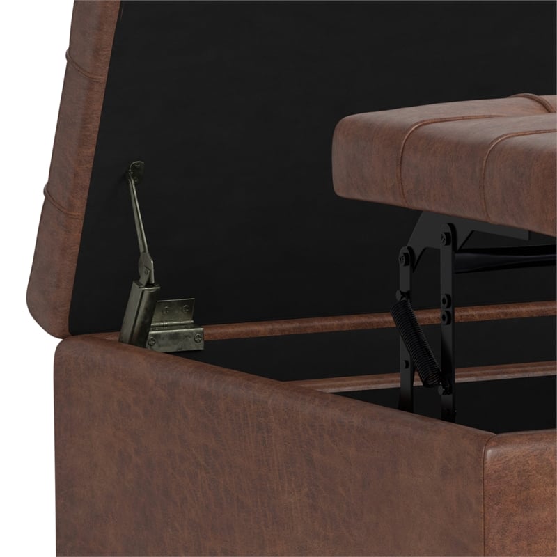 Simpli Home Harrison Vegan Faux Leather Storage Ottoman in Saddle Brown