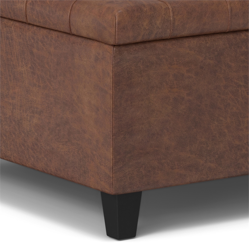 Simpli Home Harrison Vegan Faux Leather Storage Ottoman in Saddle Brown
