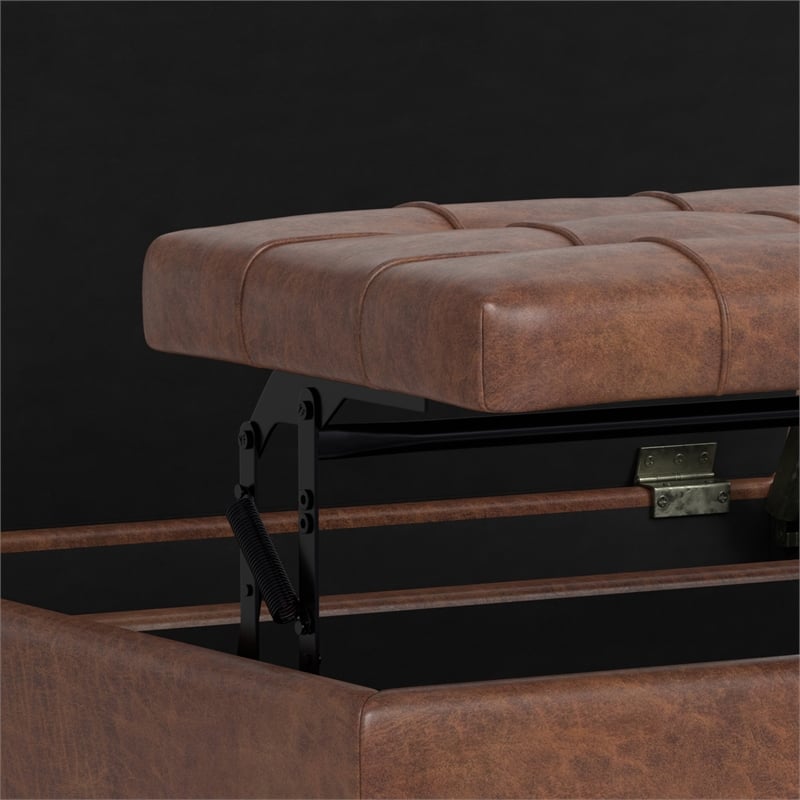 Simpli Home Harrison Vegan Faux Leather Storage Ottoman in Saddle Brown