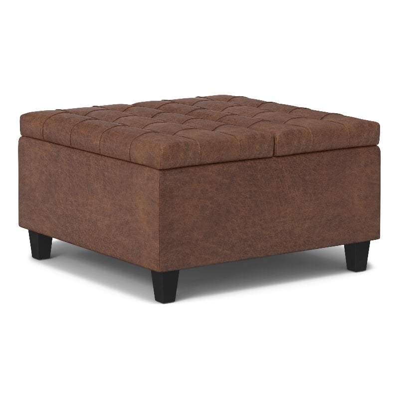 Simpli Home Harrison Vegan Faux Leather Storage Ottoman in Saddle Brown