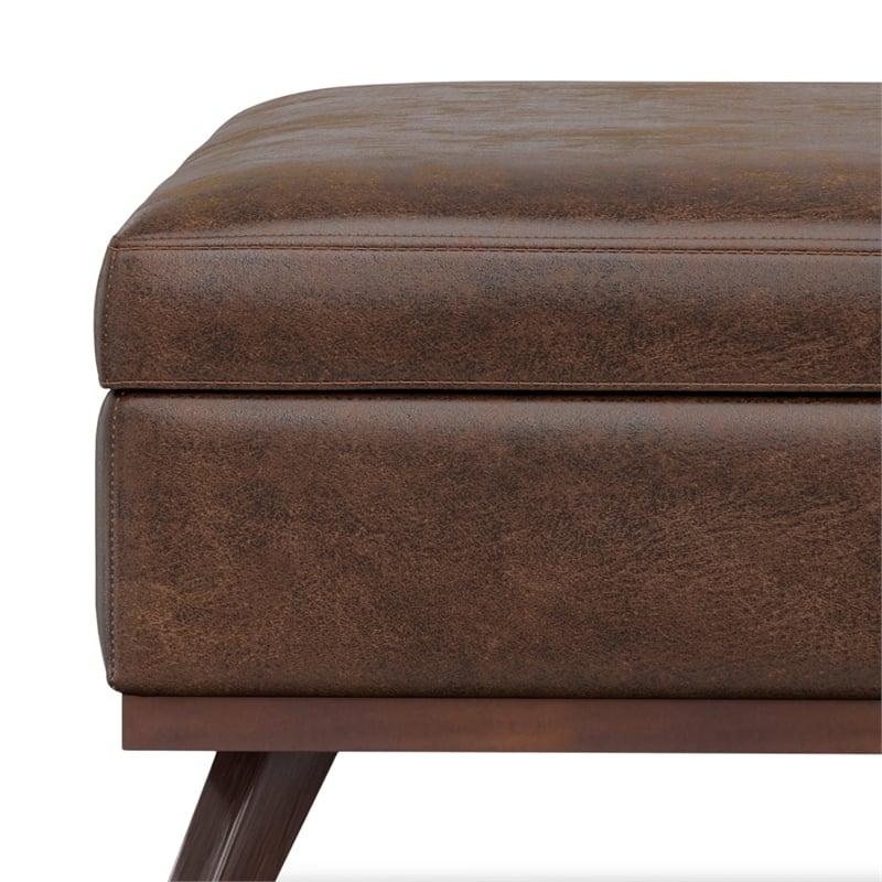 Simpli Home Owen Square Vegan Faux Leather Storage Ottoman in Brown