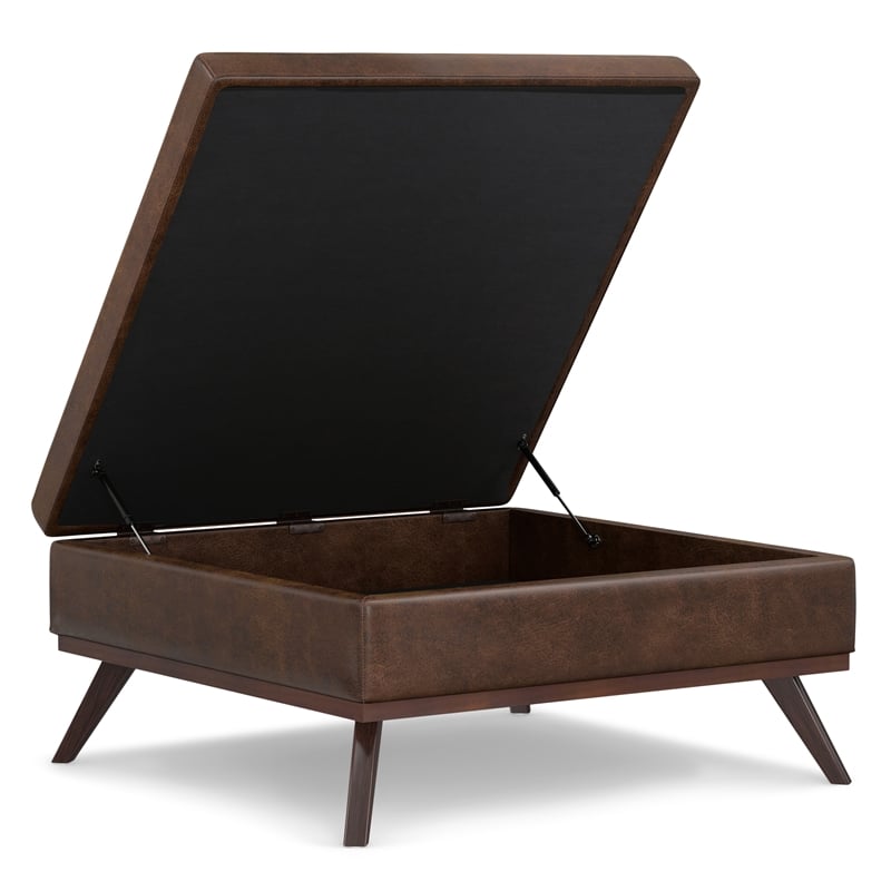 Simpli Home Owen Square Vegan Faux Leather Storage Ottoman in Brown