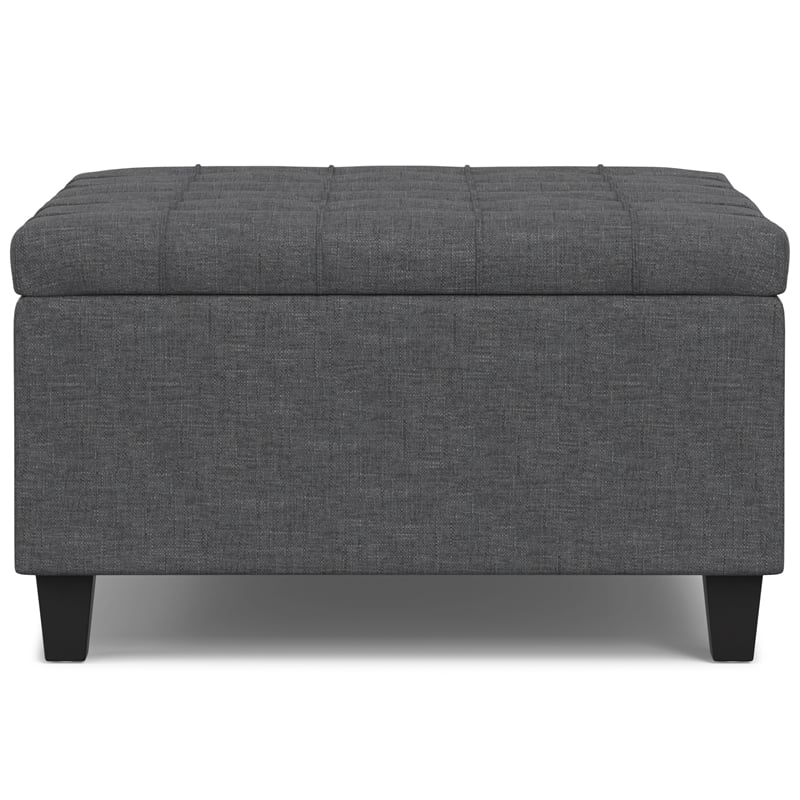 Simpli Home Harrison Square Transitional Wood Storage Ottoman in Slate Gray