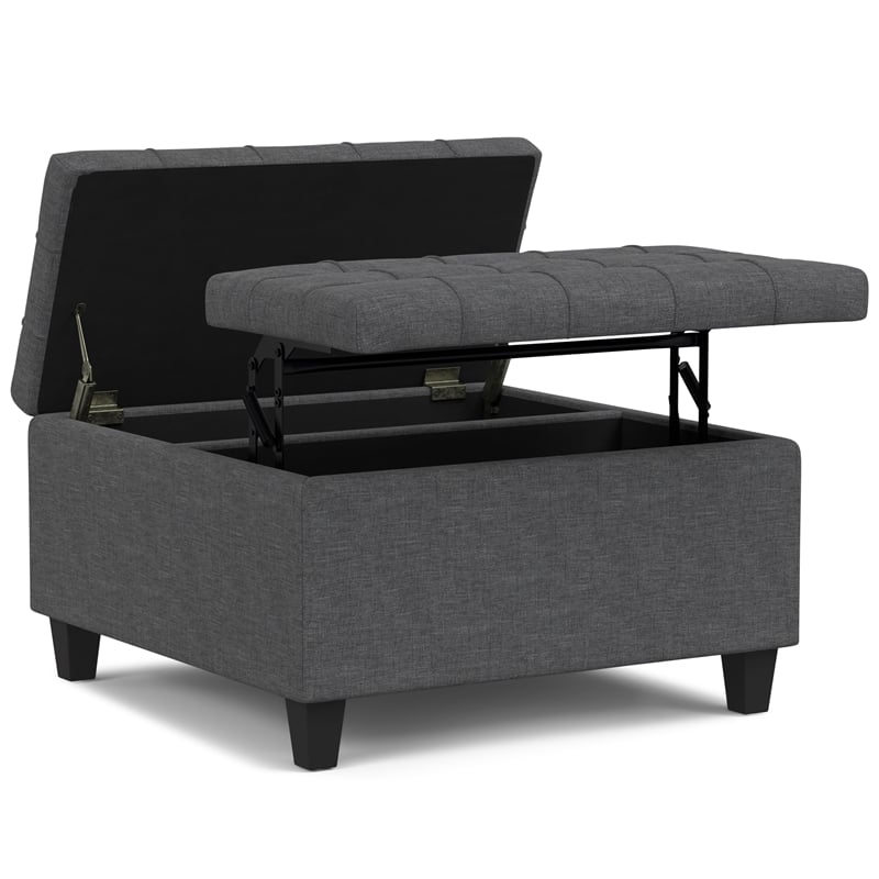 Simpli Home Harrison Square Transitional Wood Storage Ottoman in Slate Gray