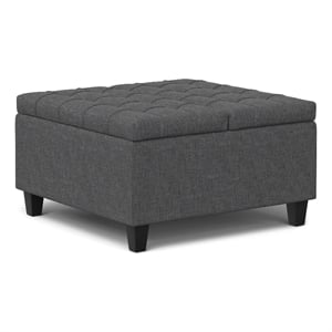 Simpli Home Harrison Square Transitional Wood Storage Ottoman in Slate Gray
