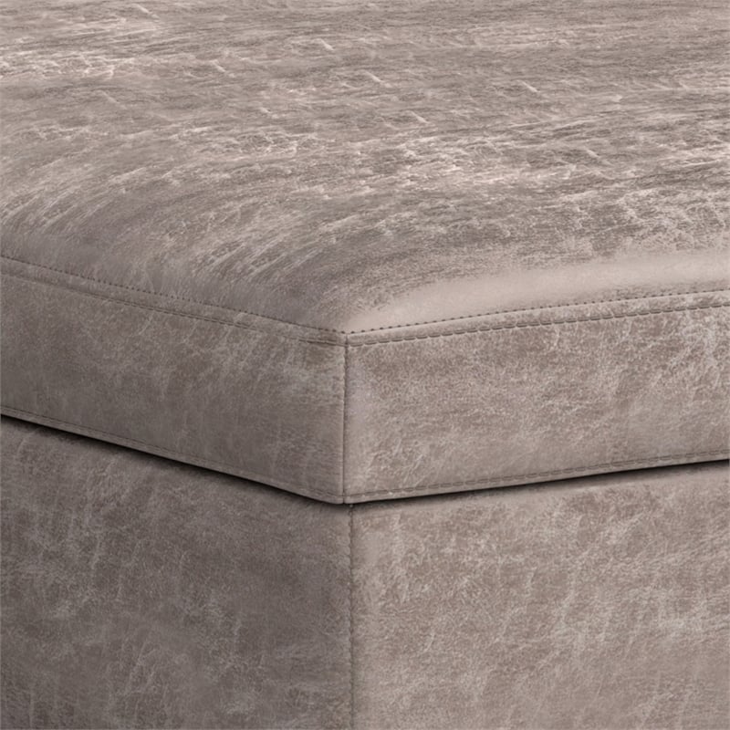 Simpli Home Owen Vegan Faux Leather Storage Ottoman in Distressed Gray