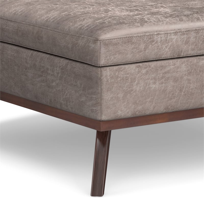 Simpli Home Owen Vegan Faux Leather Storage Ottoman in Distressed Gray