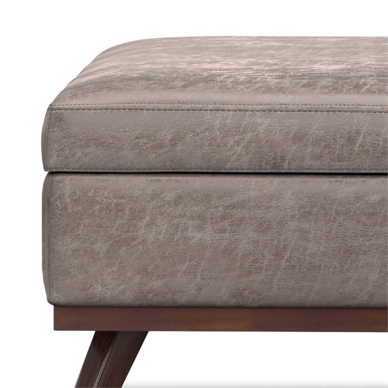 Simpli Home Owen Vegan Faux Leather Storage Ottoman in Distressed Gray