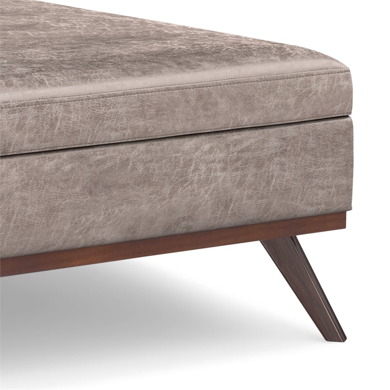 Simpli Home Owen Vegan Faux Leather Storage Ottoman in Distressed Gray