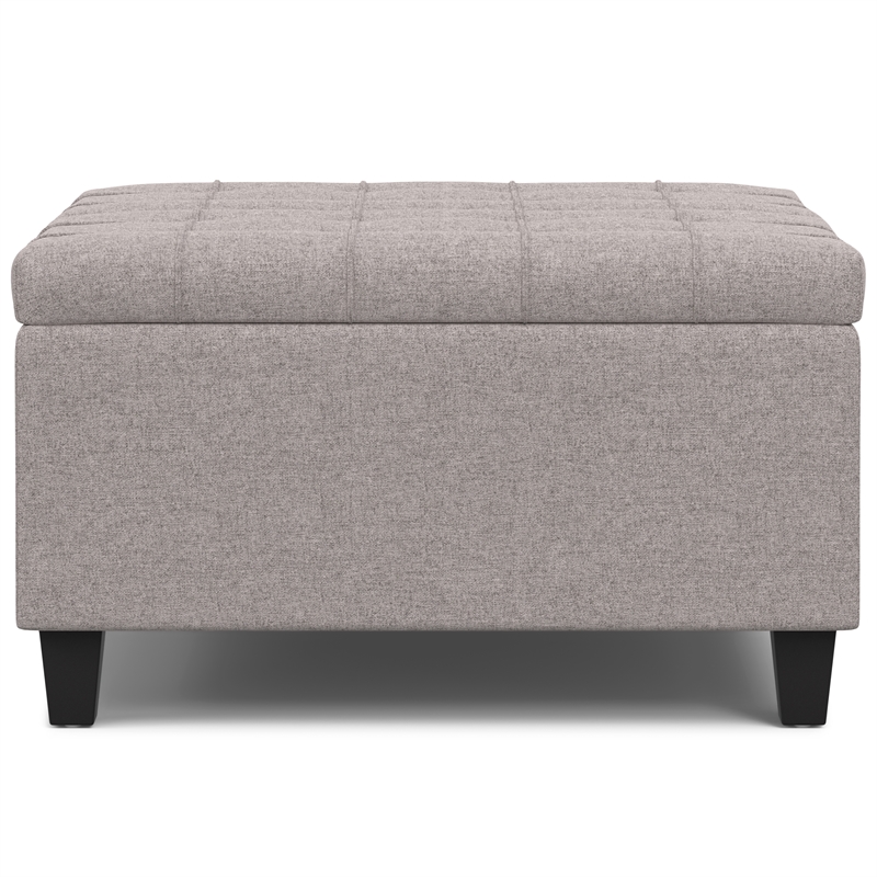 Simpli Home Harrison Square Transitional Wood Storage Ottoman in Cloud Gray