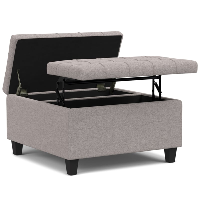 Simpli Home Harrison Square Transitional Wood Storage Ottoman in Cloud Gray