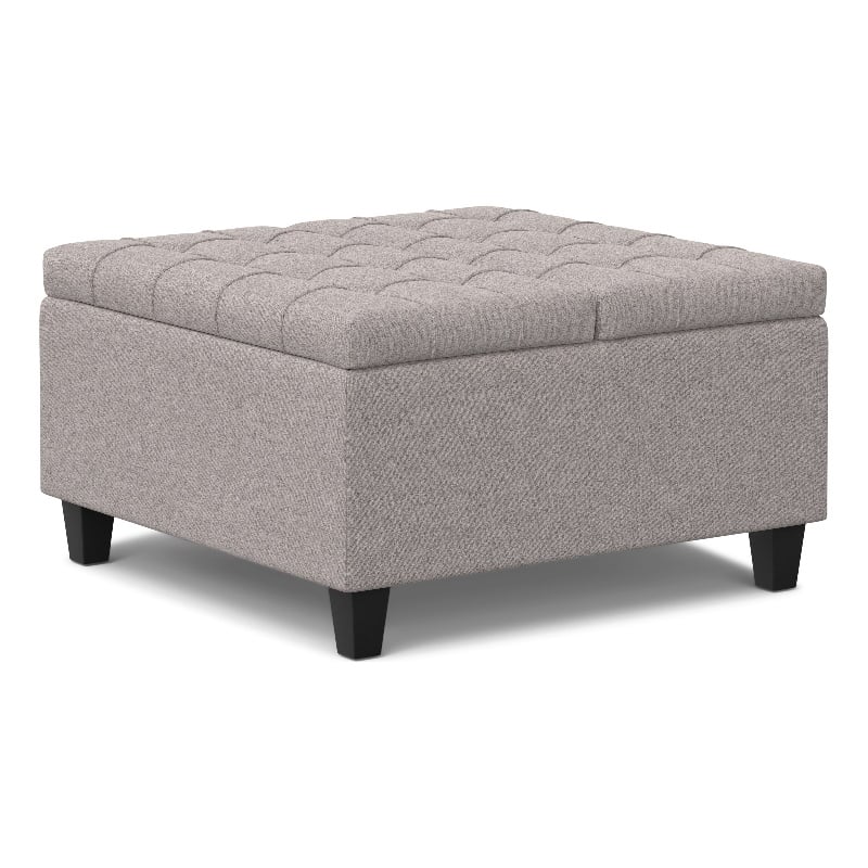 Simpli Home Harrison Square Transitional Wood Storage Ottoman in Cloud Gray