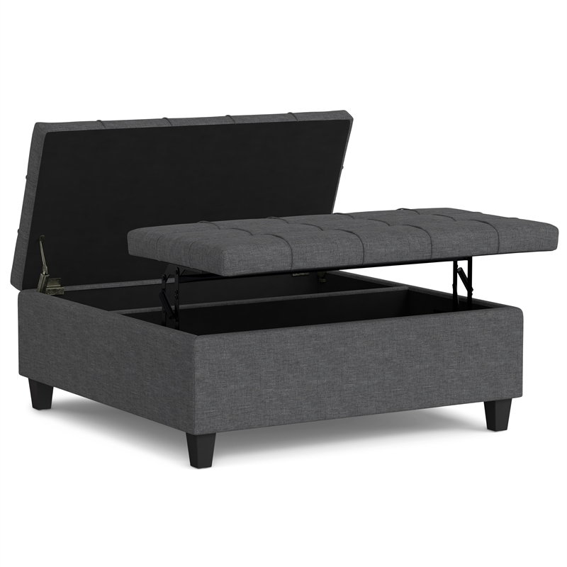 Simpli Home Harrison Square Transitional Wood & Fabric Storage Ottoman in Gray