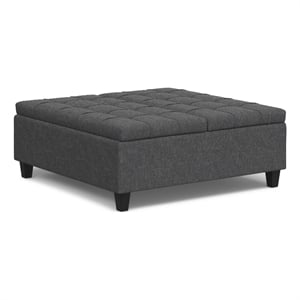 Simpli Home Harrison Square Transitional Wood & Fabric Storage Ottoman in Gray