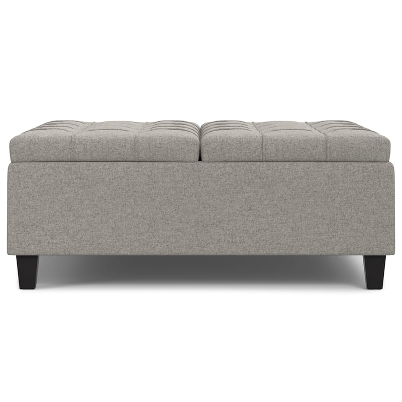 Simpli Home Harrison Square Transitional Wood Storage Ottoman in Cloud Gray