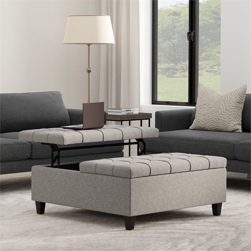 Simpli Home Harrison Square Transitional Wood Storage Ottoman in Cloud Gray