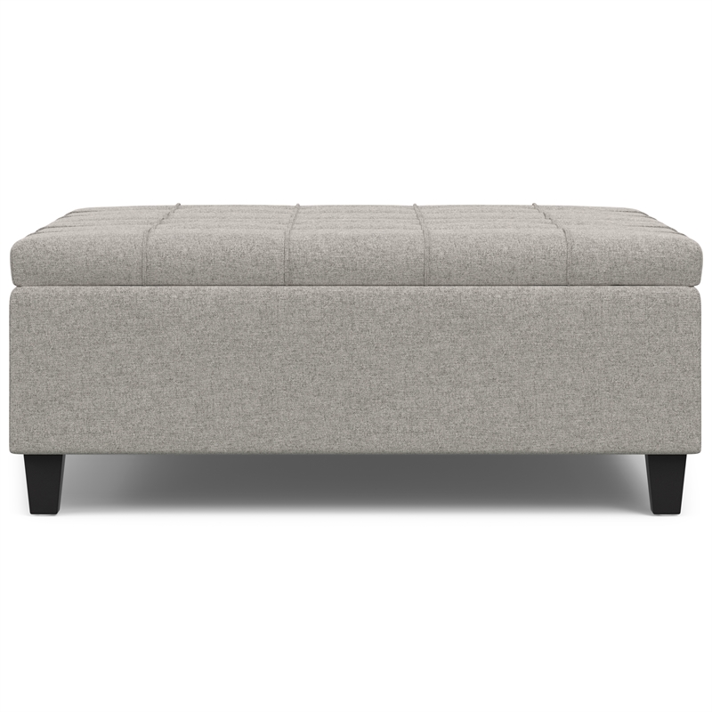 Simpli Home Harrison Square Transitional Wood Storage Ottoman in Cloud Gray
