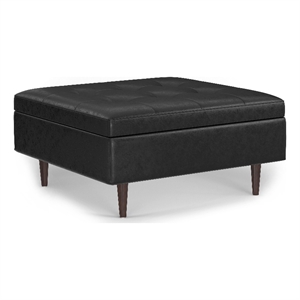 Shay 38&quotWD Mid Century Coffee Table Storage Ottoman in Black Vegan Faux Leather