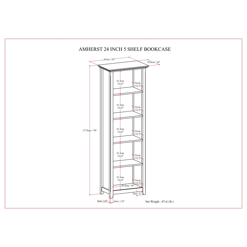 Amherst 24 inch Wide Solid Wood Transitional 5 Shelf Bookcase in Hickory Brown